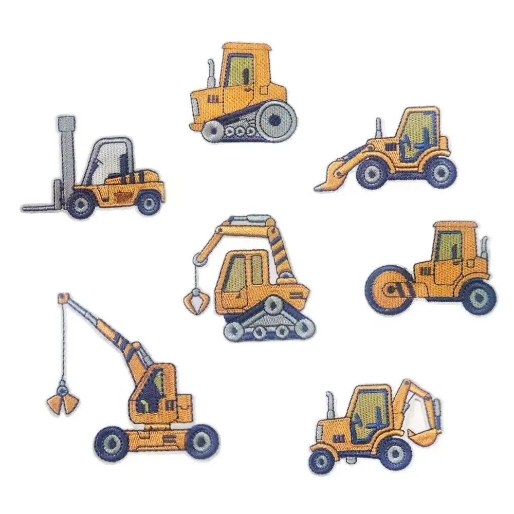 7Pcs Cartoon Yellow engineering vehicles Excavator Iron on Embroidered Patches DIY Sew on Child Clothes Sticker Jeans Applique