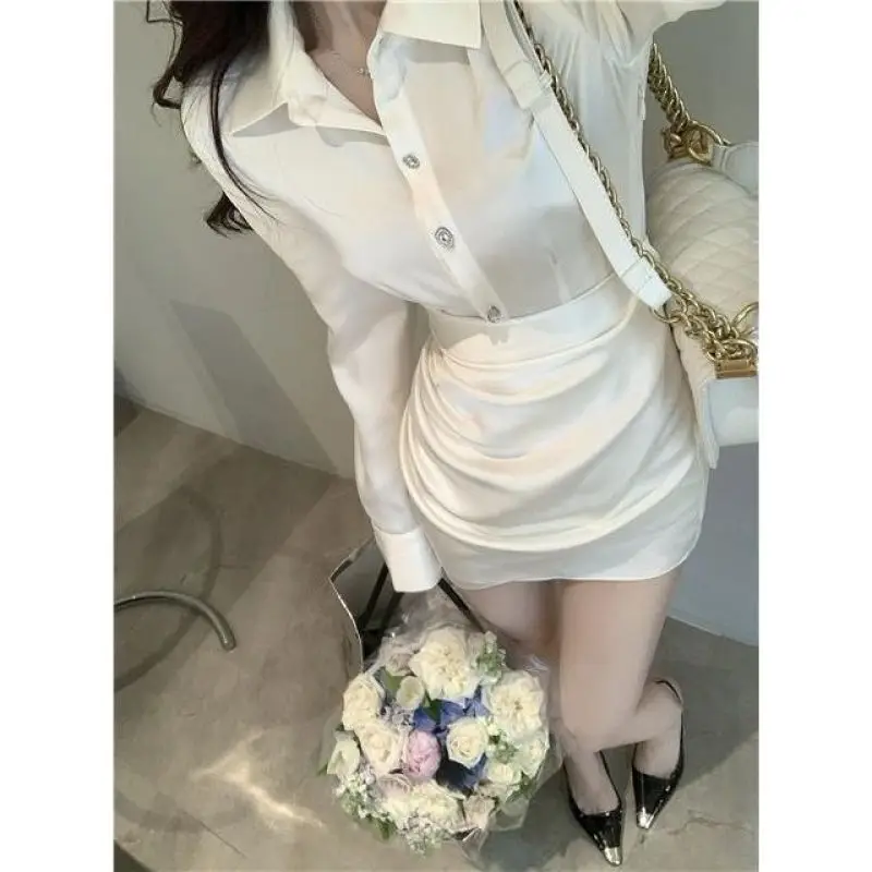 Spring Elegant Satin Dress Women France Button Designer Party Mini Dress Female Korean High Waist Solid Casual Slim Dress 2023