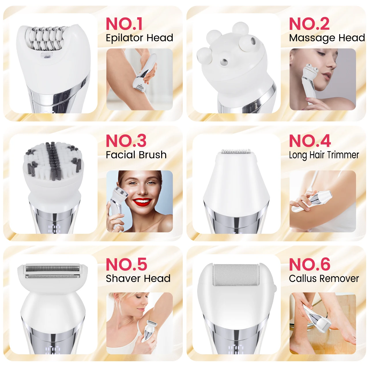 Hatteker 5-in-1 Epilator Hair Remover Leg Body Portable Lady Shaver Hair Removal Tool Underarms Facial Clipper for Women IPX7