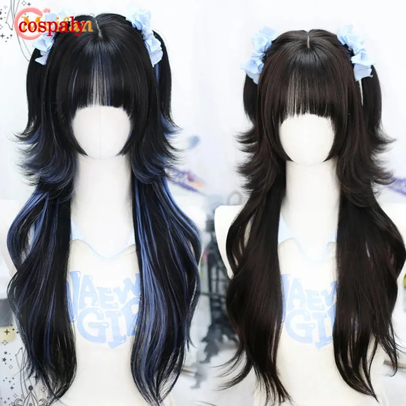 A MEIFAN Long Lolita Ombre Harajuku Wig With Bang Red Blue Wave Curly Cosplay Wig Heat Resistant Synthetic Jellyfish Head Wigs