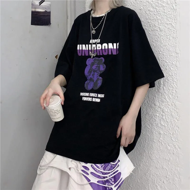 

Loose Fit Bear Print Short Sleeve T-Shirt Women's Style Comfortable Breathable plus Size Student Fashion Dark Style 200 Pounds
