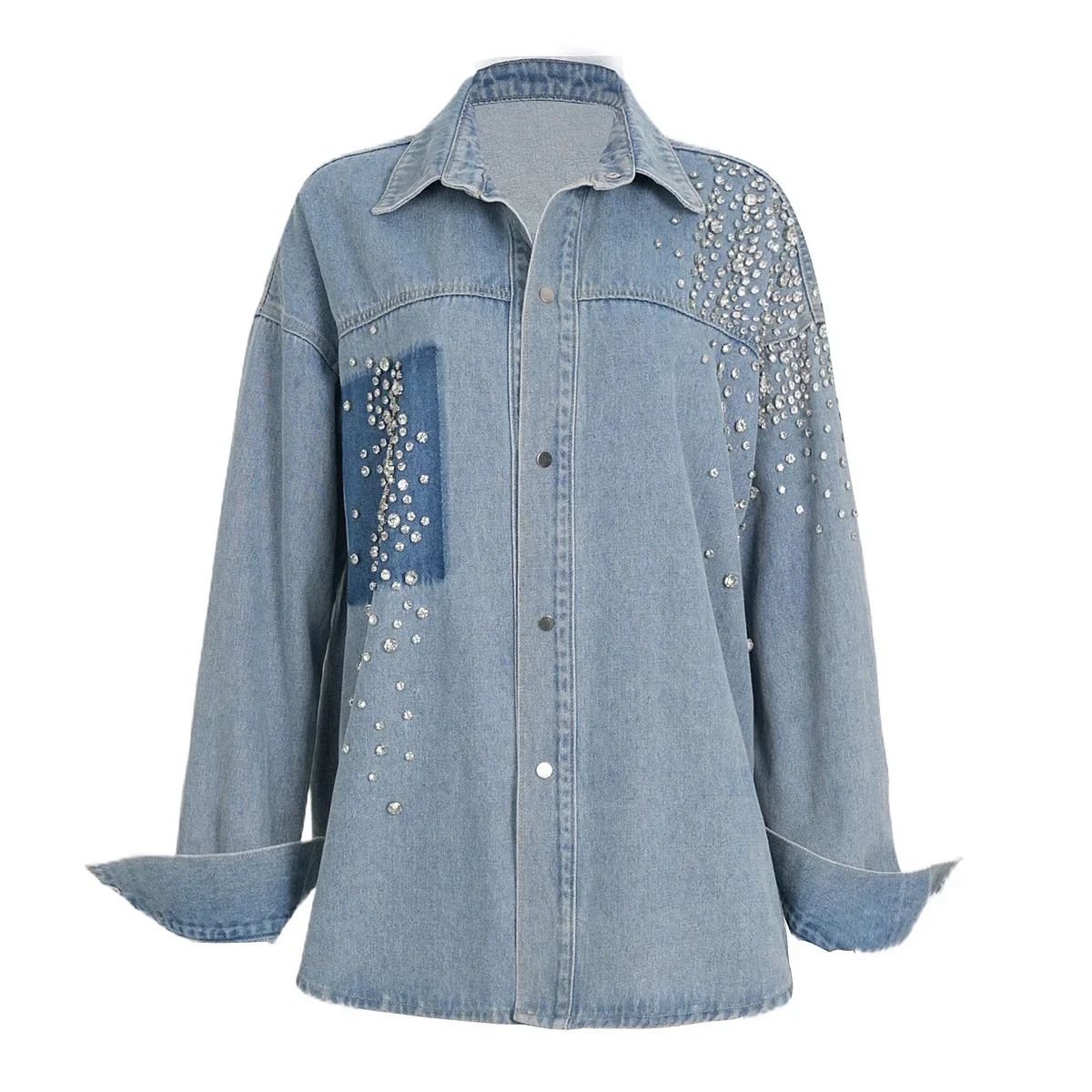 

New Fashion 2024 Spring Women Turn-down Collar Long Sleeve Heavy Industry Diamonds Embroidered Flares Vintage Loose Denim Shirt