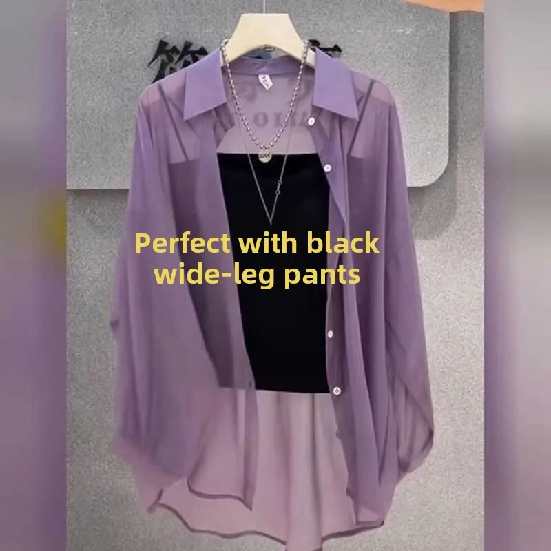 

Модный летний женский солнцезащитный крем из ледяного шелка, шифона, корейский свободный крой, длинный воротник-свеч, кондиционер...