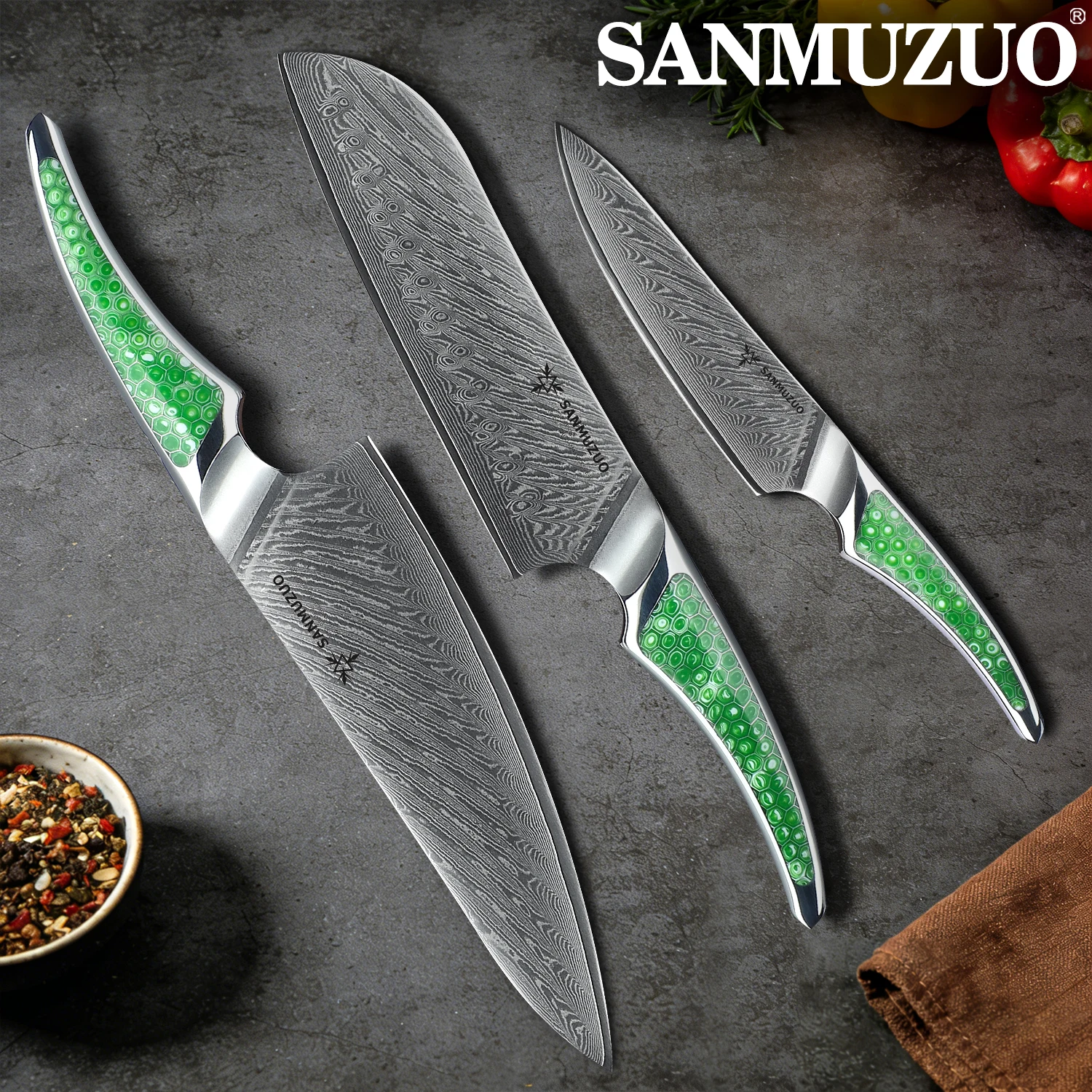 

SANMUZUO LAS9 Series 3PCS Damascus Steel Kitchen Knife Set Chef Santoku Utility Knife Resin Handle Sharp Blade for Home Cooking