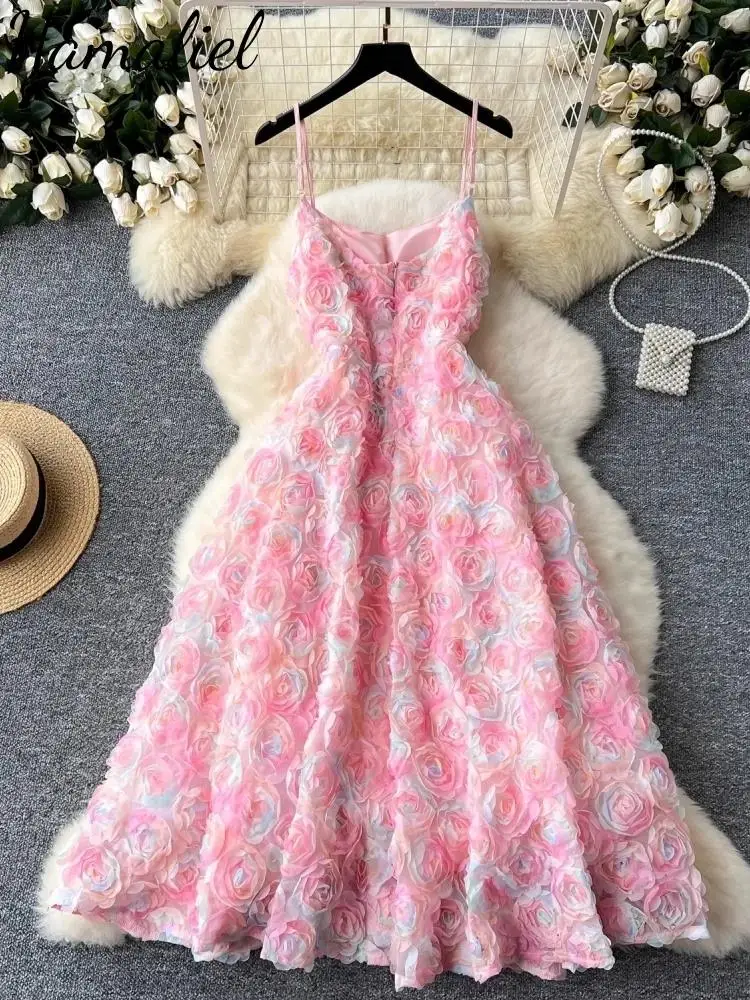 Brand Sweet 3D Rose Floral Embroidery Banquet Party Dress Women's Spaghetti Strap Pink Tulles Mesh Birthday Wedding Robe Vestido