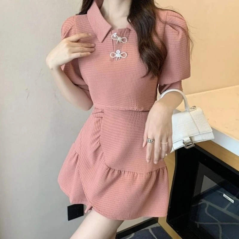 

Simple Fashion Women Summer Pink Puff Sleeve Polo Shirt Ruffle Short Skirt Two Piece Dress Set New Arrival
