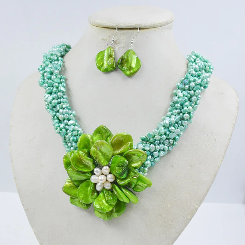 4MM natural Baroque freshwater pearl necklace. Hand woven shell flowers. Charm Ladies Party Jewelry 20”