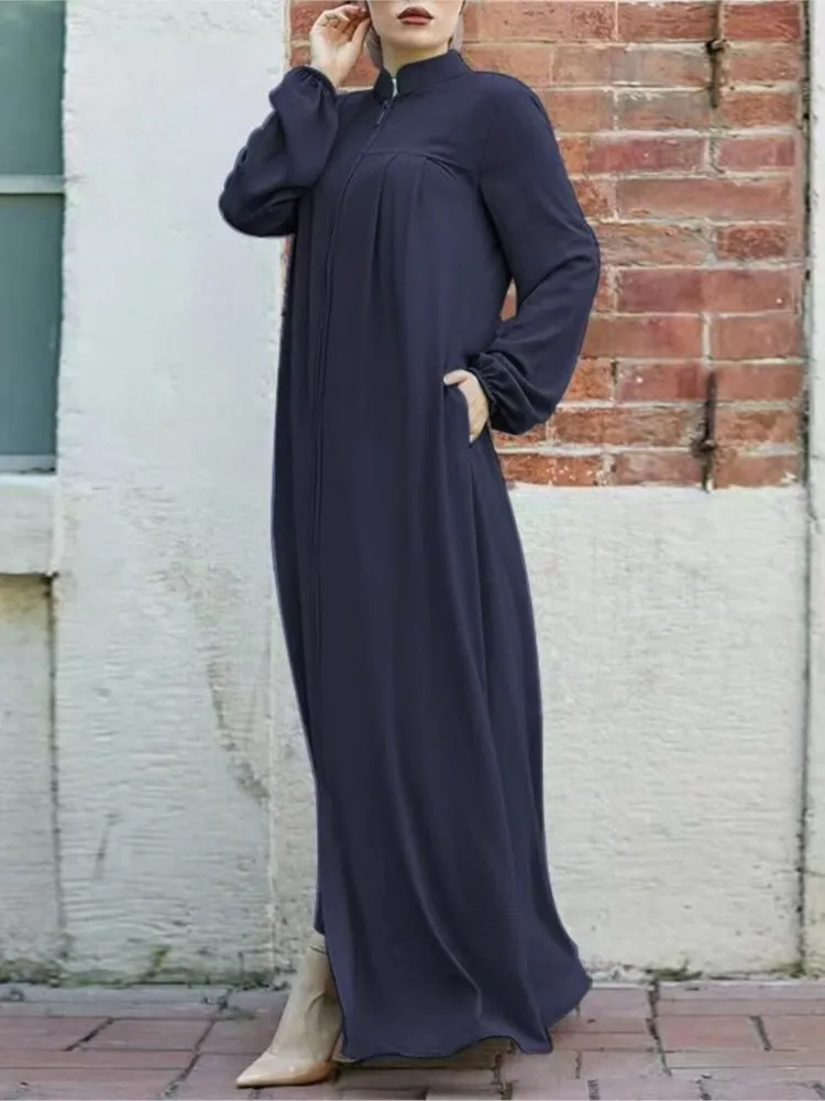 فستان نسائي غير رسمي بلون واحد موضة بياقة واقفة وأكمام طويلة وسحاب سترة رداء ربيع الخريف للسيدات فساتين إسلامية #4