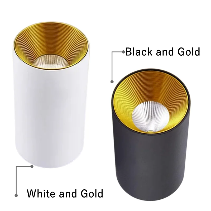 Surface Mounted Cylindrical LED Downlights Gold Reflector 24W20W15W10W COB Led Ceiling Lamp Spot Lights AC110-220V Black Bulbs