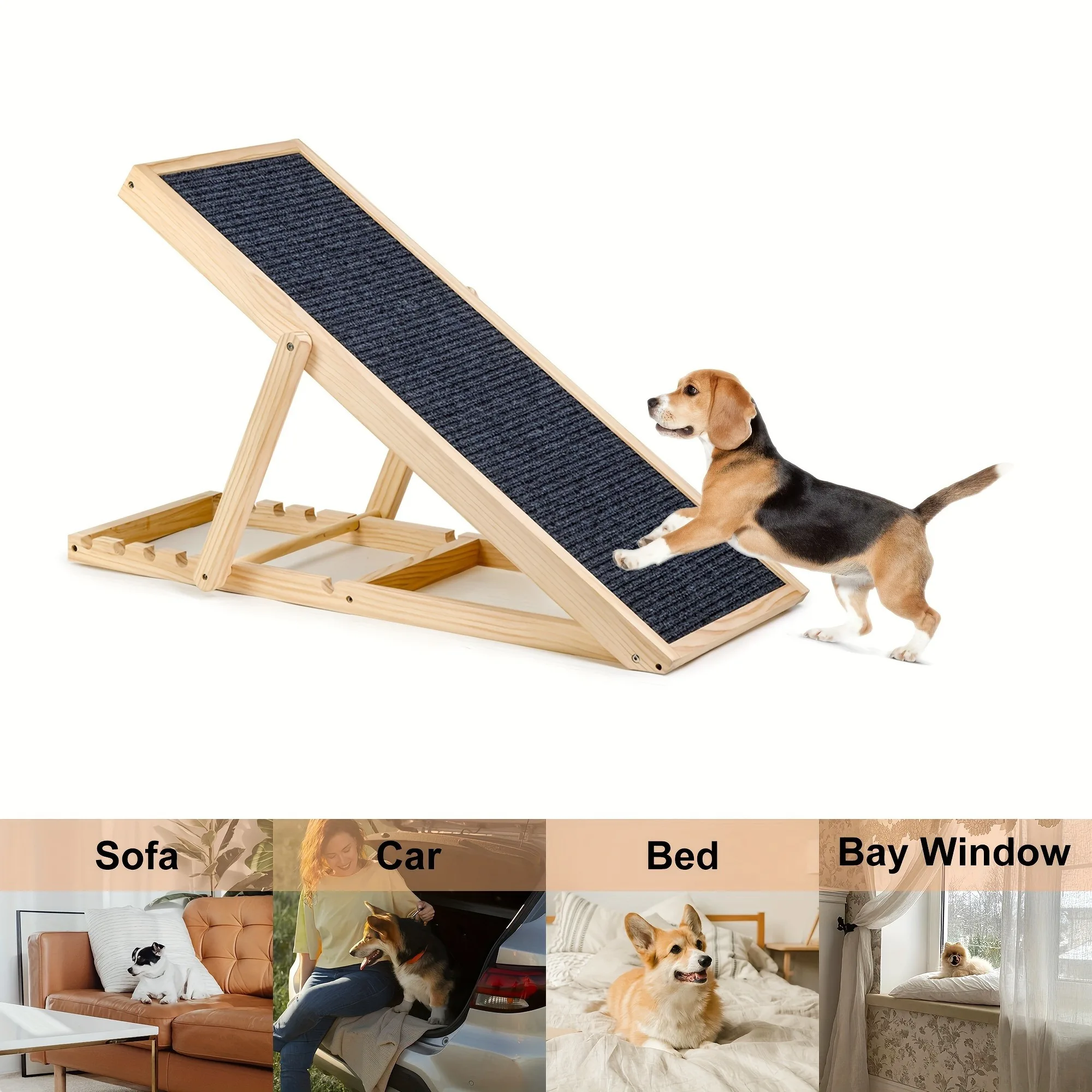 

Adjustable Dog Cats Ramp, Upgraded Folding Portable Wood Pet Ramp for Small and Older Animals, 42" Long, Height from 14" to 26"