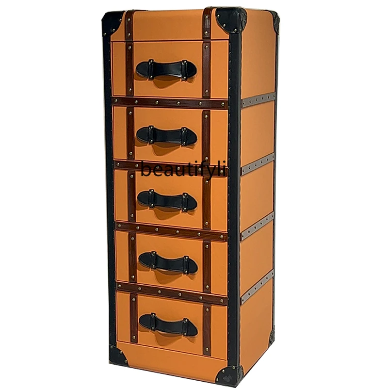 

A36 French antique chest, orange retro leather creative five-draw chest, American country, high storage cabinet