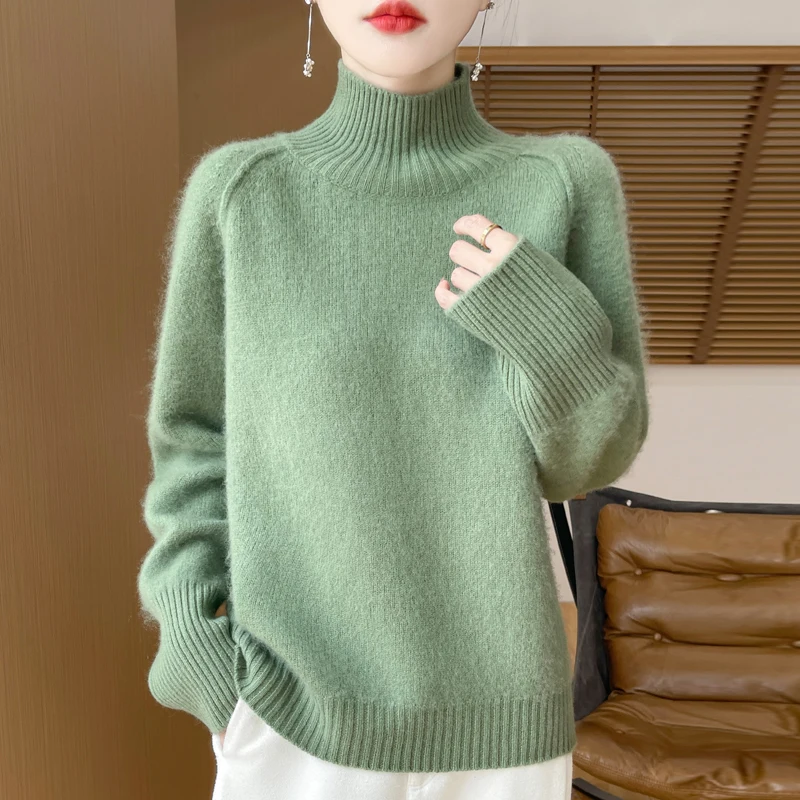 

100% Wool Women's High-Necked Cashmere Sweater FashionThickened Lazy Raglan Sweater with Slit for Winter thicken Comfortable
