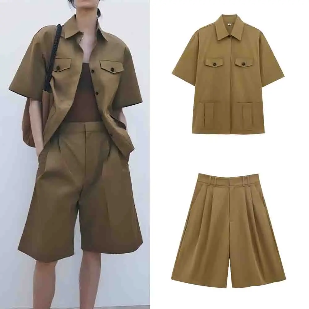 

Women's new fashion pocket decoration casual single breasted lapel shirt retro short sleeved women's shirt chic top+Shorts suit