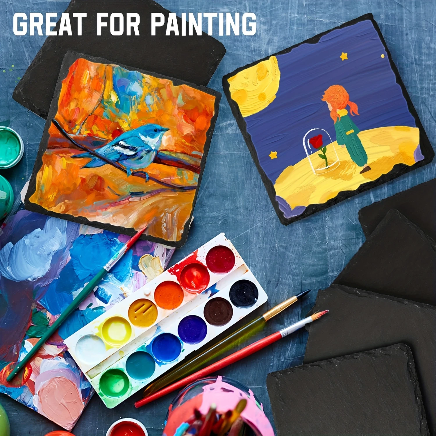 8pcs, Slate Drink Coasters With Metal Holder, 4 Inch Black Stone Coasters Bulk Cup Coaster Set For  Kitchen  Apartment, Square