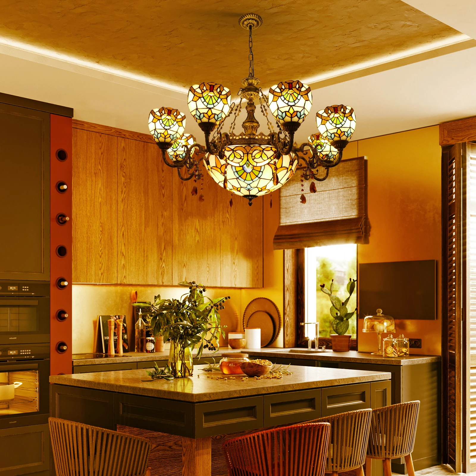 #@ Lights Cream Brown Stained Glass Pendant Light Chain Adjustable Victorian Hang Lighting Fixtures