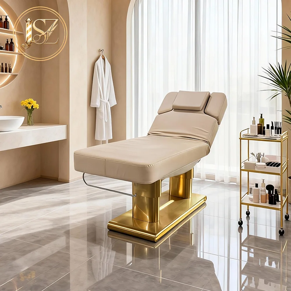 Premium 4 Motor Electric Spa Bed Golden Base Heating Therapy Table Multi‑Angle Reclining Cosmetic Bed For Aesthetic Clinic