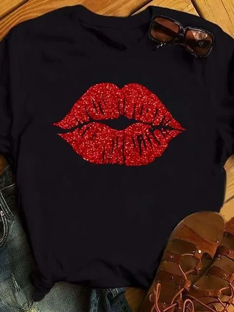 تي شيرت نسائي مطبوع عليه شفاه لامعة، تي شيرت كاجوال بأكمام قصيرة بنمط الفهد مع تصميم جرافيك عصري للارتداء اليومي #2