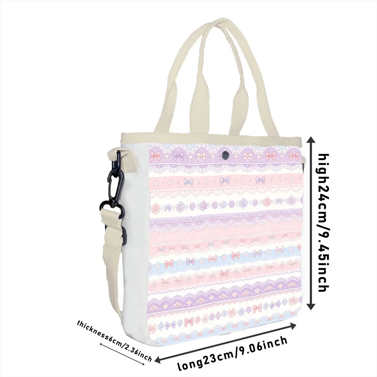1pc Sweet Lolita Lace & Bow Print Tote Bag, Adjustable Strap Pastel Girly Shoulder Bag