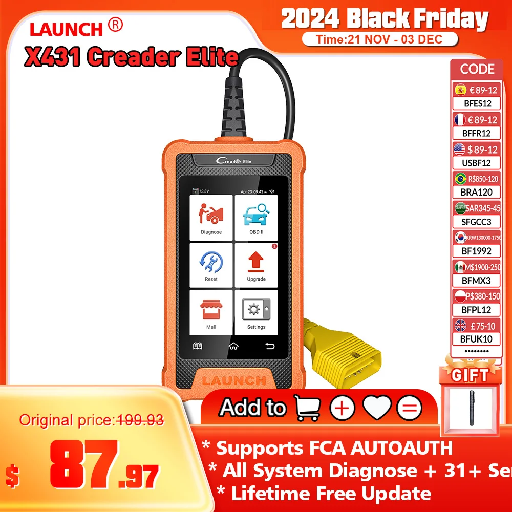 LAUNCH X431 Creader Elite For VAG Professional Full System Diagnostic Tools Online ECU Coding 31+ reset Function OBD2 Scanner