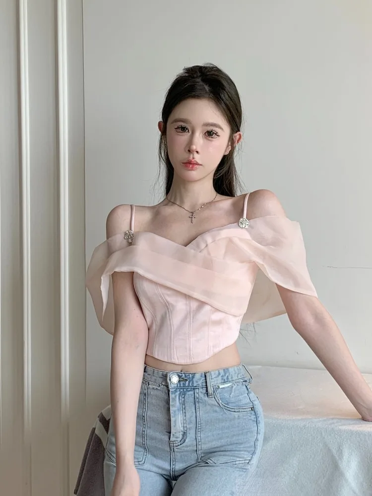 Ezgaga Blousewomen Sweet Sexy Ruffles Slash Neck Slim Backless Off Shoulder Crop Tops Mesh Summer Casual Female Shirts