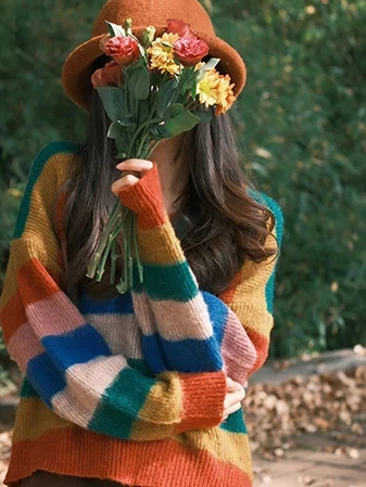 Suéter de Punto con Cuello en V Estilo Coreano de Moda, Rayas Arcoíris, Estilo Universitario Informal, Combinable con Todo, E...