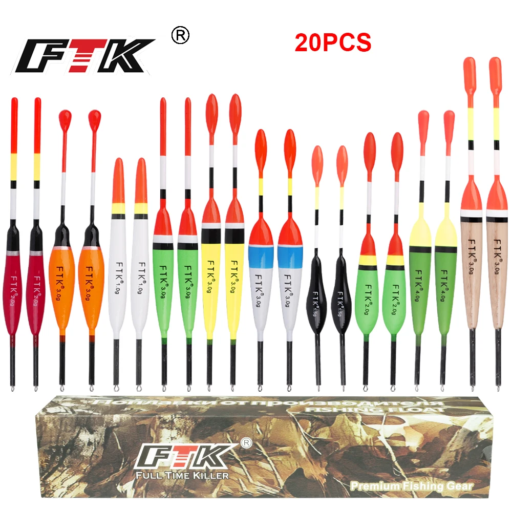 Ftk conjunto de flutuadores de pesca, 20 unidades/pacote, bóia bobber, flutuar, tamanho misto, cor, bóia flutuante para acessórios de pesca