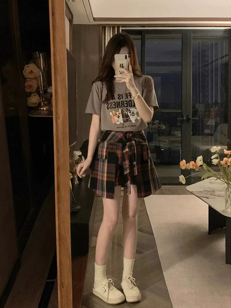 

Summer Faion plus Size Women's Plaid Skirt And Top Set Tea Color System Slimming Clothing Retro Two-Piece Ensemble