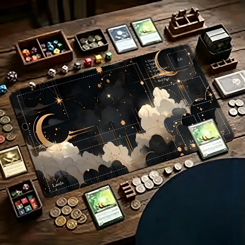 Minimal Black Gold Cloud Crescent Moon Star mousepad Playmat Magic Card Battle Mat MTG  Anti-Slip Base Gathering Gaming Mat TCG