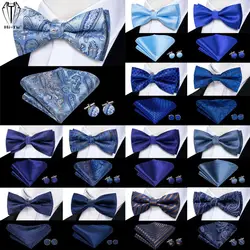 Hi-Tie Navy Royal Sky Blue Silk Mens Bow Tie Hankerchief Cufflinks Set Pre-tied Butterfly Knot Bowtie for Male Wedding Business