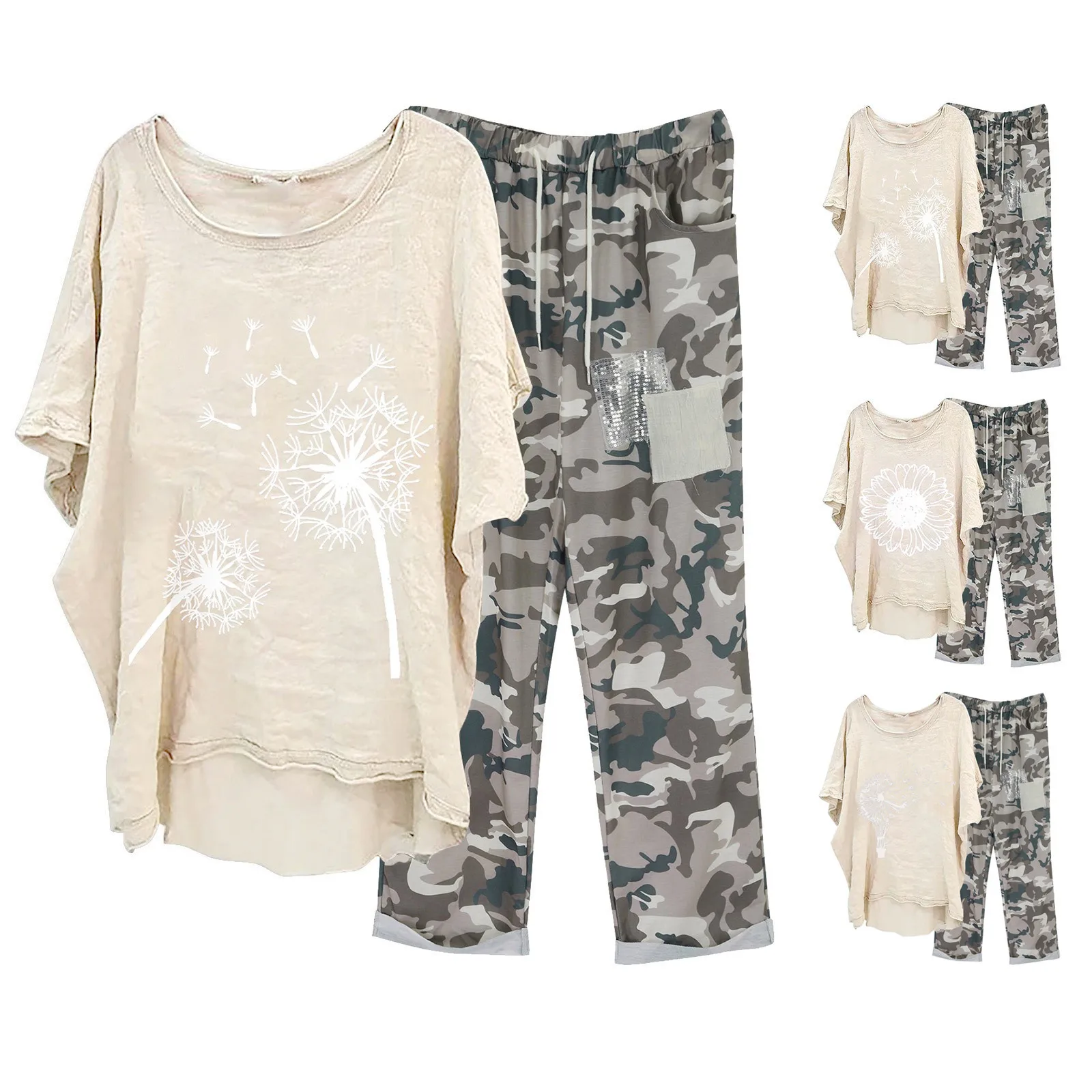 

1 Set T-shirt Pants Sets Women Tracksuit Camouflage Irregular Hem Drawstring Summer Women Outfit Sets ensemble femme 2 pièces