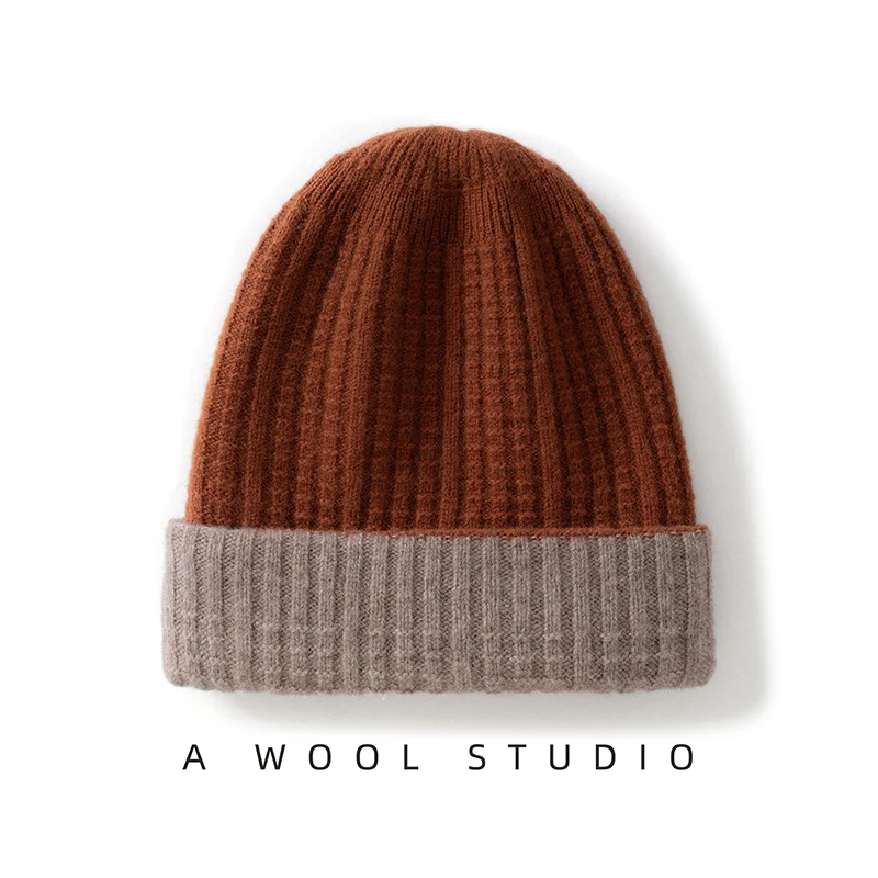 

100% Wool Thickened in Autumn And Winter Double-Layer Two-Color Small Slub Striped Merino Wool Hat is Unisex And Warm in Winter