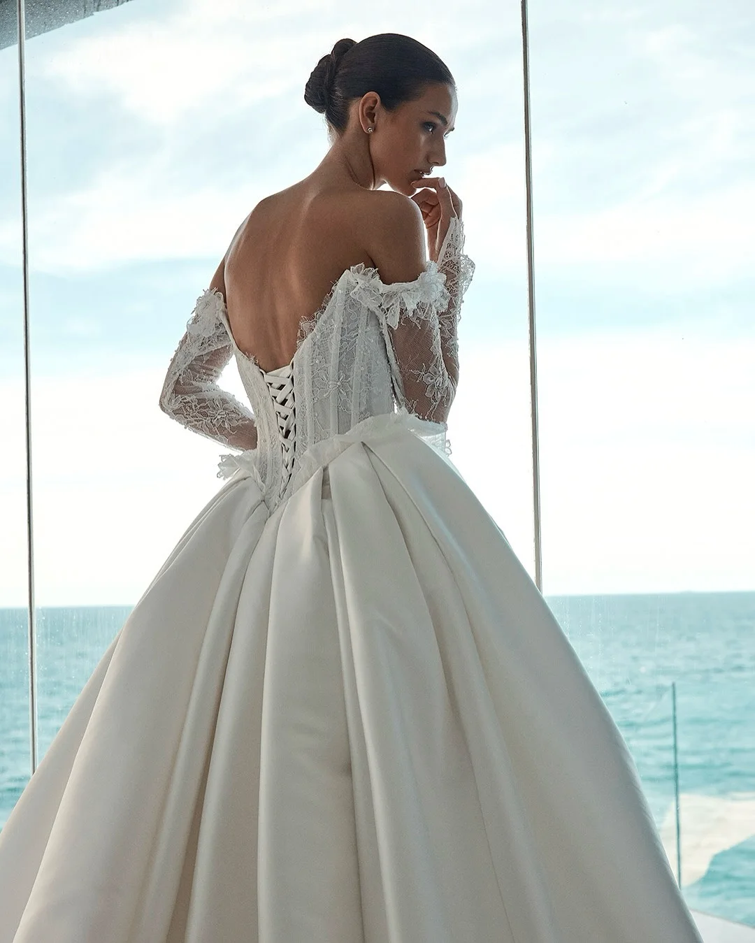 Customized Satin Off-Shoulder Wedding Dress with Long Appliques Sleeves Sweetheart Neckline Lace-Up Back Sweep Train for Bride