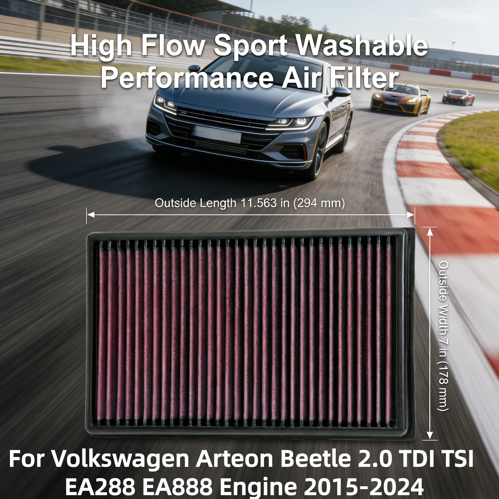 

For Volkswagen Arteon Beetle 2.0 TDI TSI EA288 EA888 Engine 2015-2024 High Flow Sport Washable Performance Air Filter 33-3005