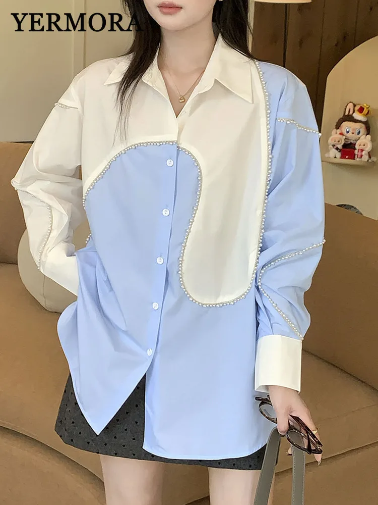 

YERMORA Color-block Spliced Fake Pearl Casual Blouse For Women Lapel Long Sleeve Loose New Shirt Fashion Tide Spring Autumn 2025