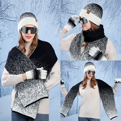 Winter Hat Gloves Scarf Set for Women Men Outdoor Coldproof Warm Beanies with Velvet Ear Protection Knitted Wool Hat for Women