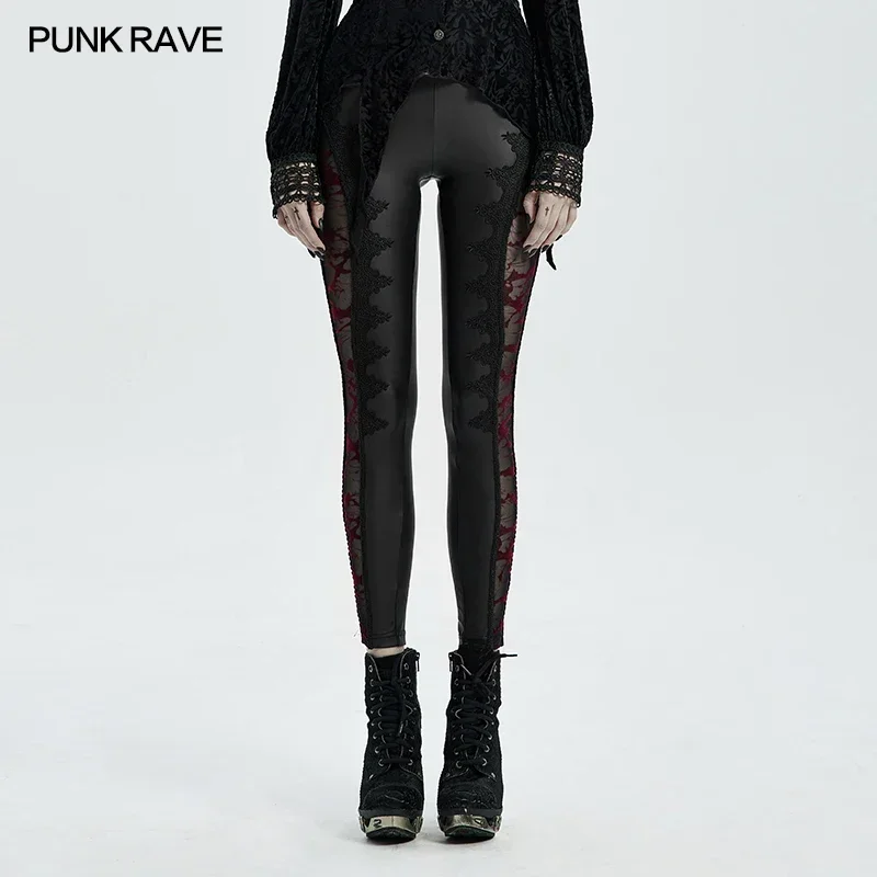 PUNK RAVE Women\'s Gothic Black Leggings Fashion Personality Tight High Elastic Lace Ribbon Band Small Feet Long Pants Women