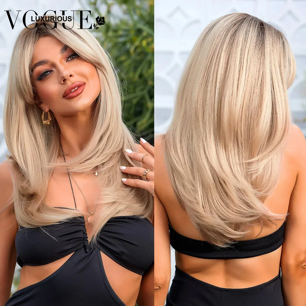 Ombre Platinum Blonde Straight Glueless Human Hair Wigs Lace Closure Layer With Bangs Natural Hairline Wig For Woman On Sale