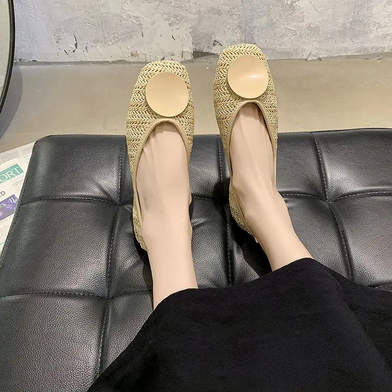 Buty dla kobiet 2024 Square Toe Ladies Summer Footwear Flats Low Heel Elegant Flat with Bow Casual 39 Shoe Vacation Korean Style