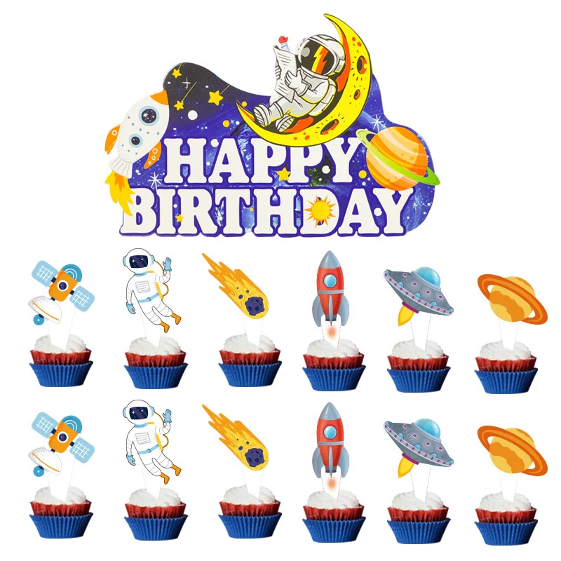 Birthday Cake Decoration Plugin Spaceship Rockets Happy Birthday Astronauts Banner Children's Day Party Bake Dessert Ornament