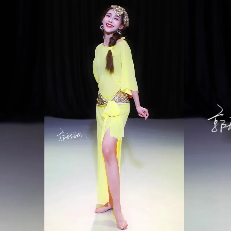 Customized Belly Dance Clothes Yellow Robe Folk Bow Eastern Dance Performance Costumes Team Dress Bow Headband Accessories