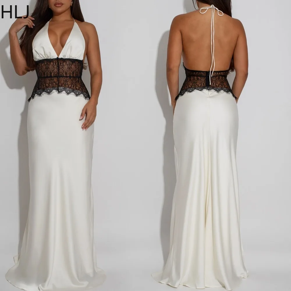 

HLJ Sexy See Through Deep V-neck Long Dresses for Women Halter Backless Lace Patchwork Dress Female Streetwear Vestidos 2025 New
