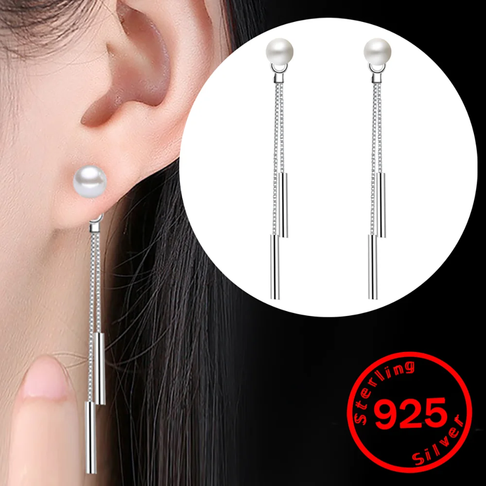 

Imitation Pearl Dangle Earrings For Women 925 Sterling Silver Classic Elegant Long Tassel Chain Exquisite Drop Earring Jewelry