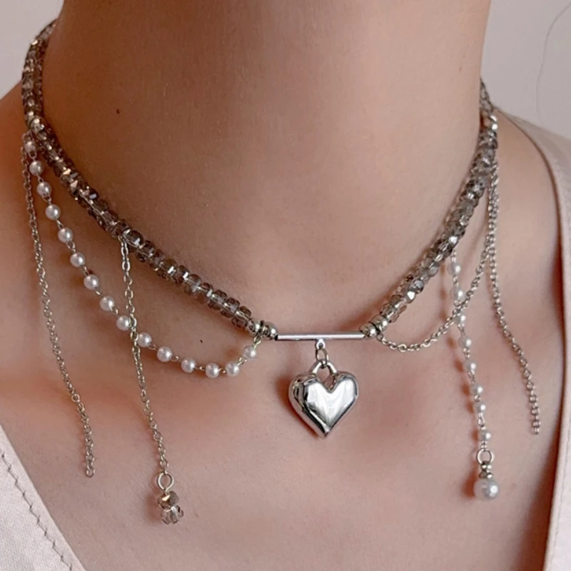 

Sweet Pearl Crystal Necklace with Grey Beads Heart Shaped Pendant Collarbone Chain