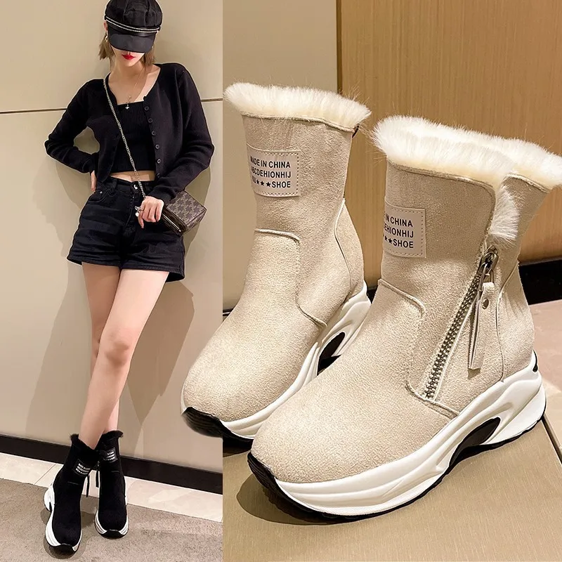 

2024 Winter New Round Head Velvet Warm Side Zipper Low Barrel Flat Bottom Casual Student Women's Snow Boots