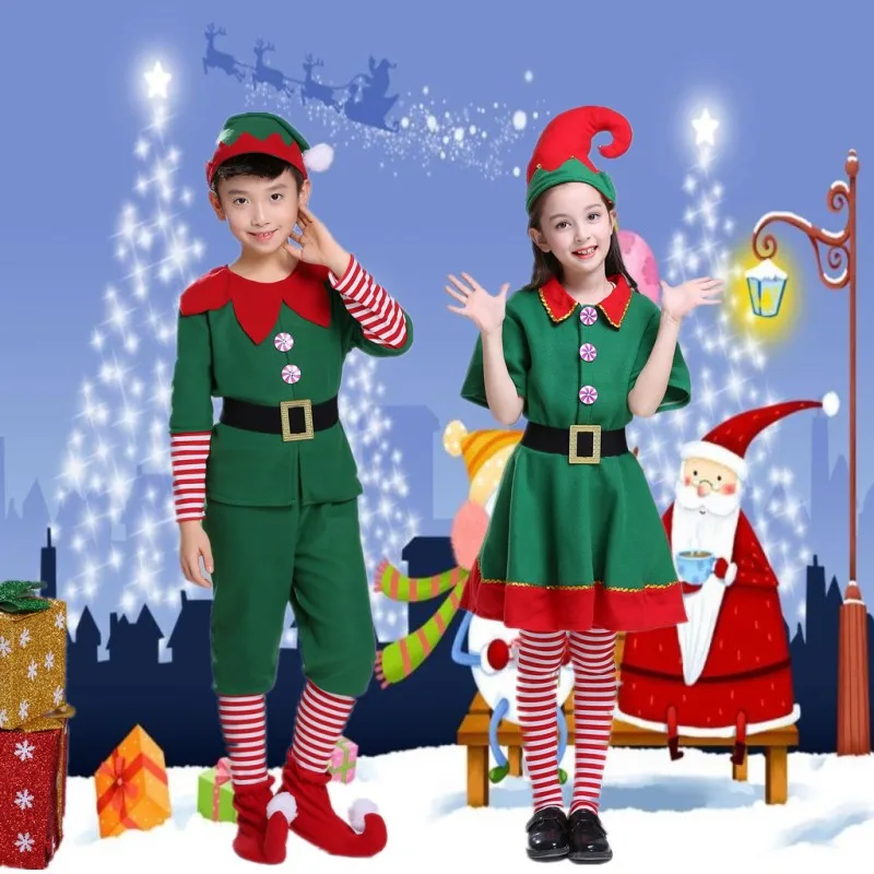 

Christmas Elf Cosplay Costume for Boys Girls Santa Cos Outfits Family Matching Party Dress Bos Girl Holiday Performance Uniform