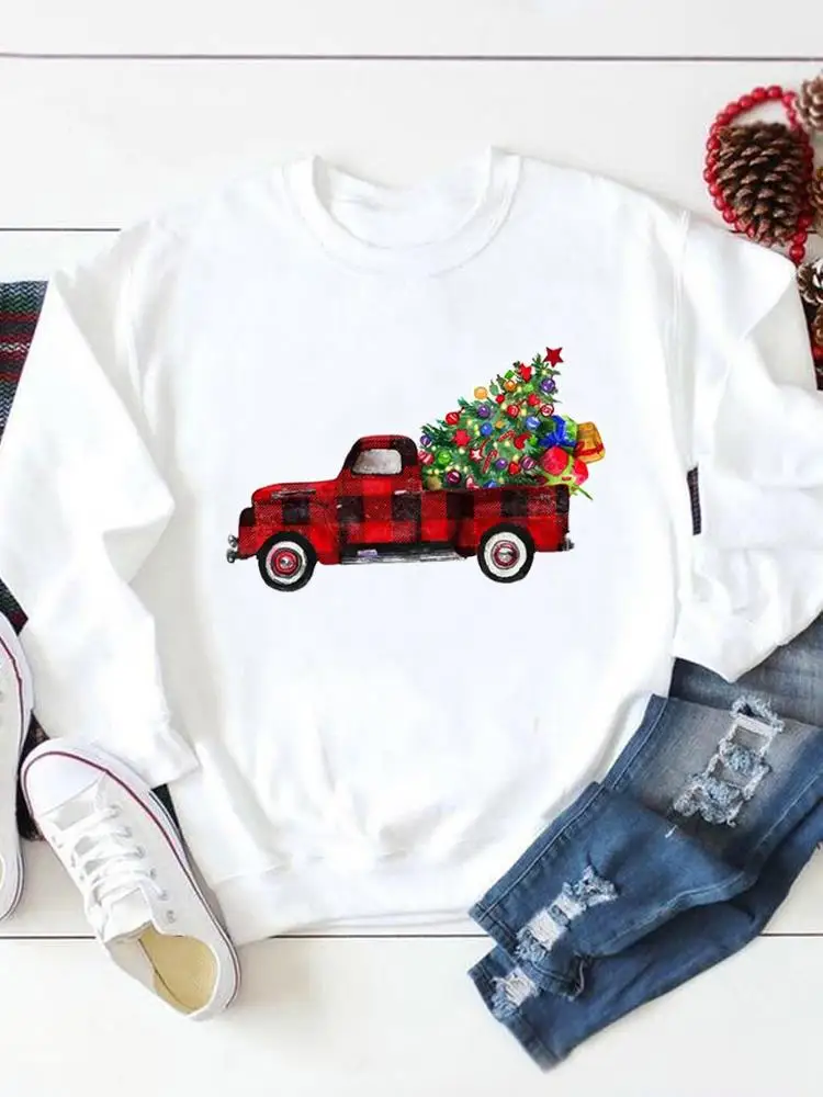 

Plaid Gift Truck Trend Cute Graphic Sweatshirts Fashion Casual Christmas New Year Holiday Pullovers Print Female Women Clothing