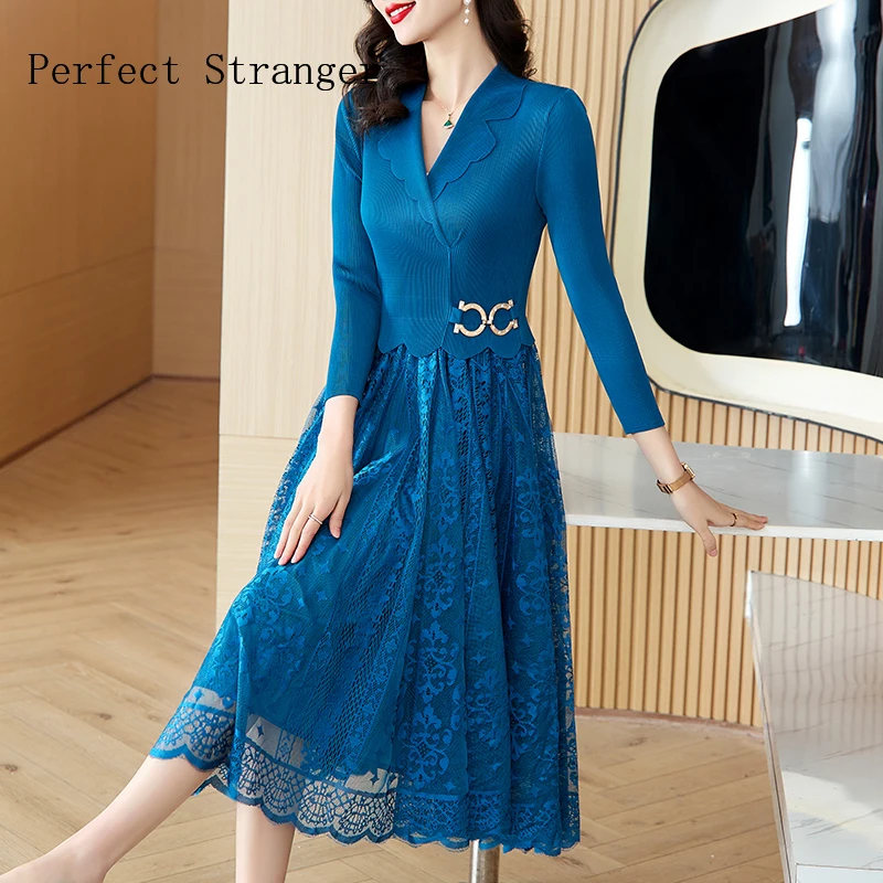 2024 Sanzhai Vestidos Spring New Miyake Pleated Elastic Women Waist Slim  High Waist A-line Large Hem Suit Neck Lace LongDress