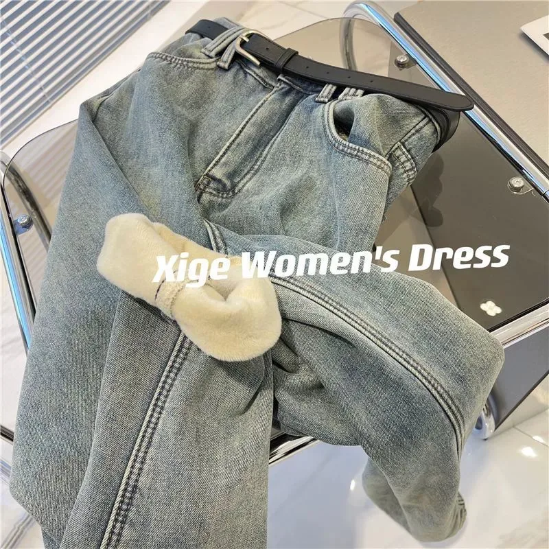 

Thickened Fleece Lined High Waist Dad Jeans Women Slimming Warm Cotton Stretch Denim Blue Winter Wear Harlan Pants Straight Leg