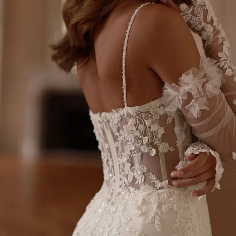 فساتين زفاف مزينة باللون الأبيض بدون أكتاف على شكل ذيل السمكة وأكمام طويلة مصنوعة حسب الطلب #2