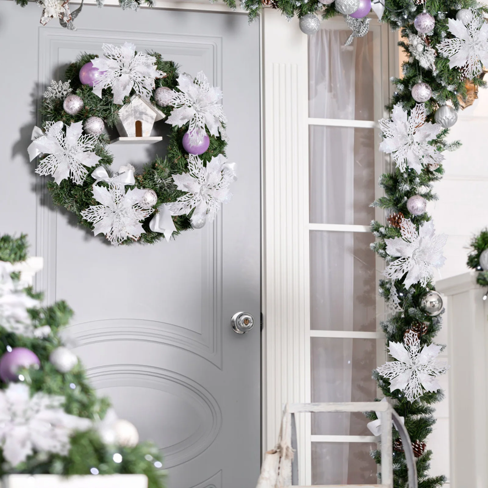 12 قطعة من زهور البونسيتة اللامعة لتزيين شجرة الكريسماس وزخارف الزهور الاصطناعية لغرفة الحفلات وديكور زهرة عيد الميلاد #4